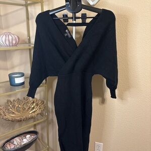 Cherfly Black Wrap Sweater Dress Midi Long Sleeve Size M